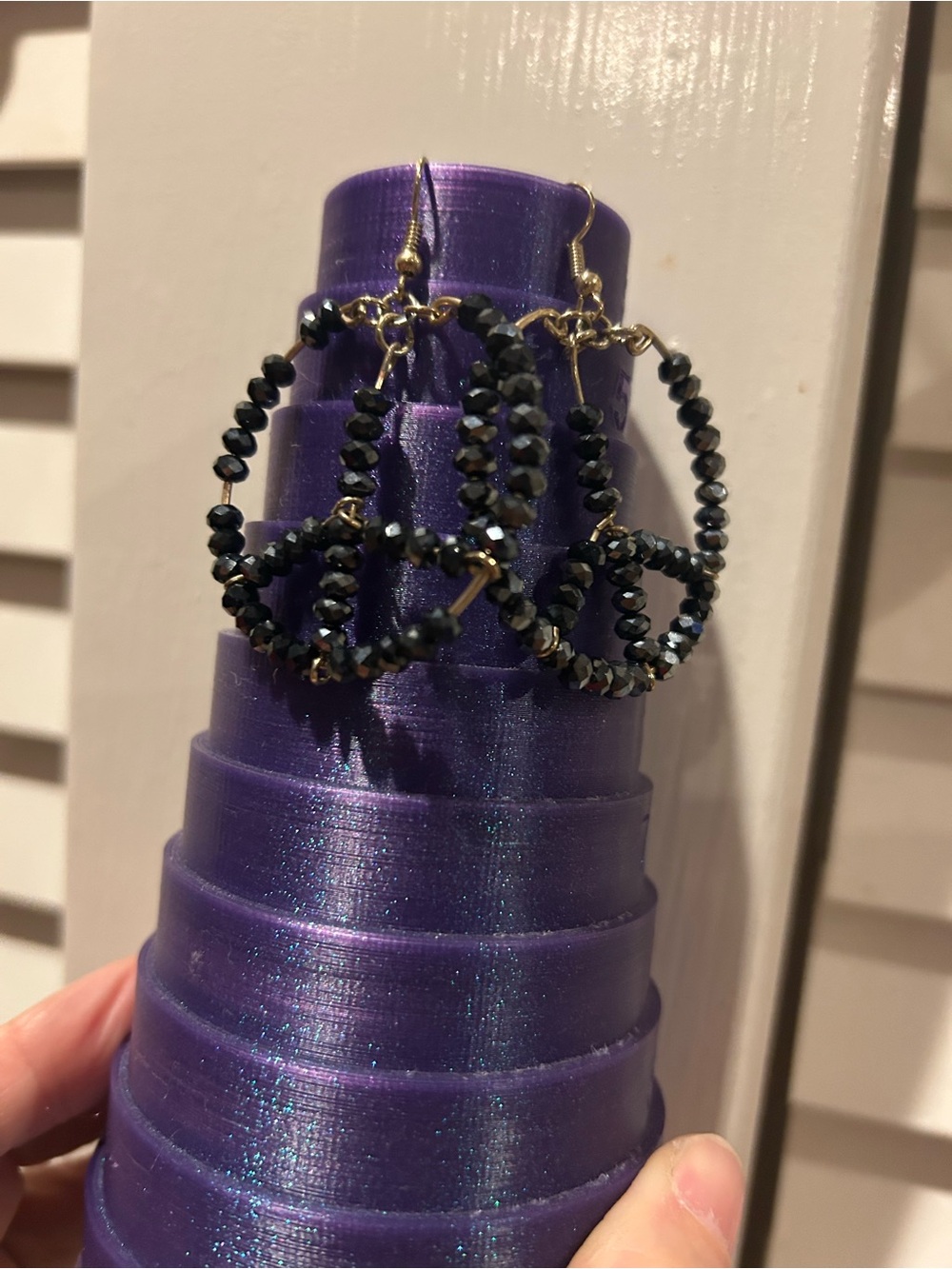 Black Crystal Beaded Peace Sign Hoop Earrings